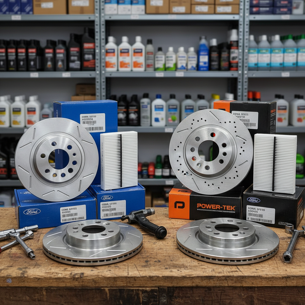 OEM and aftermarket car parts compared side by side on a workbench