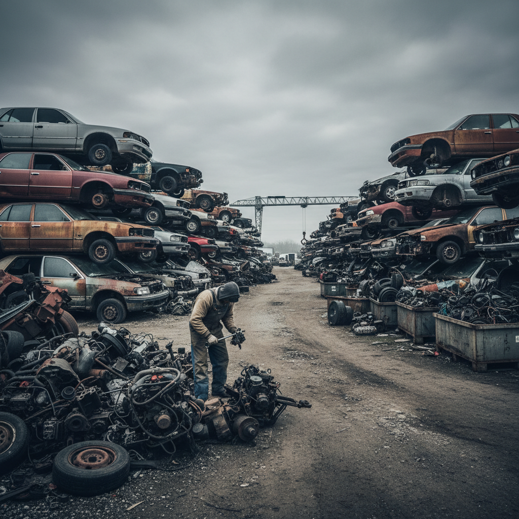 Salvage yard with rows of used cars and auto parts